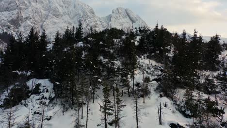 Paisaje-Montañoso-Cubierto-De-Nieve-En-Europa-En-Un-Día-De-Invierno---Toma-Aérea-Inclinada-Hacia-Arriba