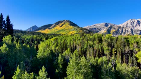 Pull-back-aerial-view-of-rugged-mountains-with-aspens-turning-yellow-and-a-valley-with-a-pine-forest-in-early-autumn