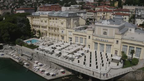 Seafront-Facade-Of-The-Hotel-Kvarner-In-the-town-of-Opatija-in-Croatia---aerial-shot