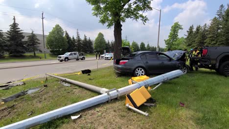 Car-accident-spot-beside-a-highway-with-people-and-vehicle-in-Brampton