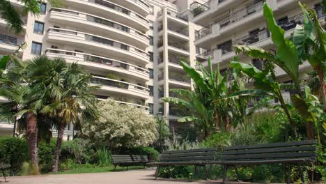 Steady-shot-of-5-continents-park-Jacques-Chirac-with-high-rise-building-in-Levallois,-France