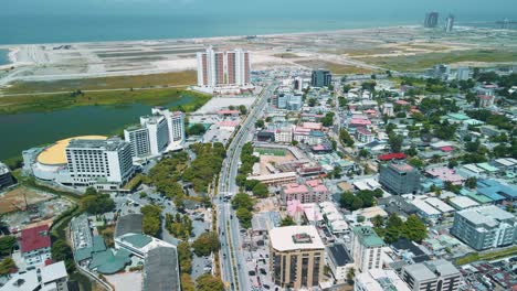 Victoria-Island-Lagos,-Nigeria---24-June-2021:-Drone-view-of-the-biggest-hotel-in-Lagos-Nigeria---Eko-hotels-and-suites