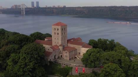 Clockwise-aerial-orbit-of-The-Cloisters-museum-in-Upper-Manhattan-NYC-on-the-bank-of-the-Hudson-River