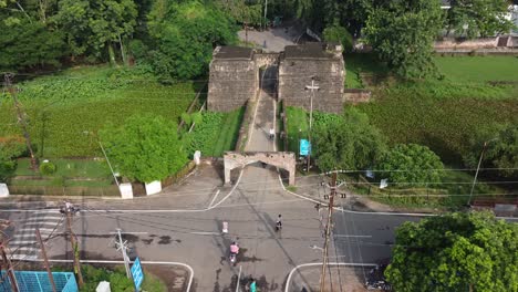 Drone-view-of-Barabati-Fort-is-a-13th-century-fort-built-by-the-rulers-of-the-Eastern-Ganga-dynasty-in-Cuttack,-Odisha,-India