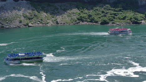 Niagara-Falls-Tourist-Boats-Sailing-in-River-Basin,-High-Angle