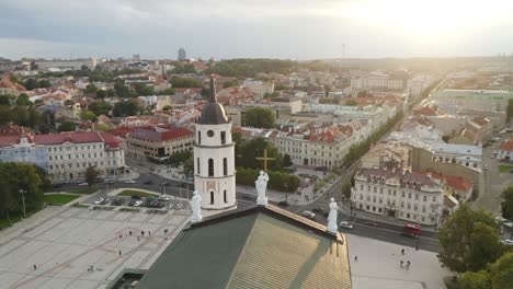 AERIAL:-Majestic-Vilnius-Old-Town-View-on-a-Summer-Evening-With-Cathedral-And-Bell-Tower-in-Background