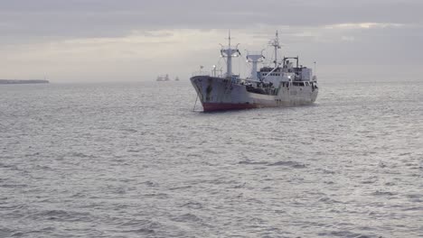 Barco-Pesquero-Flotando-En-Fondeadero-en-El-Mar-industria-Pesquera-4k-mar-En-Calma