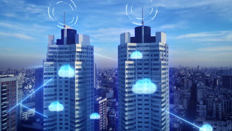 Antenne:-Blau-Gefärbte-Futuristische-Stadtlandschaft-Mit-Twin-Tower-Wolkenkratzer,-Kommunikation-über-Ein-Drahtloses-Cloud-Netzwerk