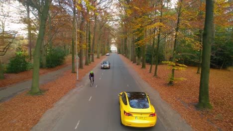 Aerial-drone-following-yellow-tesla-car-in-autumn-park-road,-dolly-in,-day