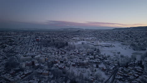 Aerial-View-Of-Trondheim-City-In-Norway-During-Winter---drone-shot