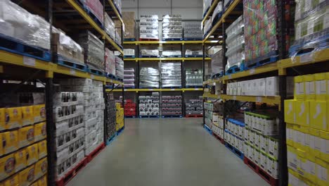 POV-Walking-Past-Stacked-Shelves-At-Wholesale-Warehouse
