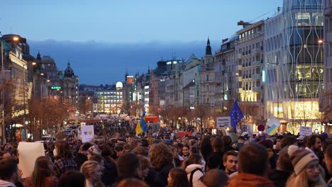 Thousands-of-People,-Protest-Against-War-in-Ukraine-and-Russian-Military-Actions-on-Vaclavske-Namesti-Square-in-Center-of-Prague,-Czech-Republic