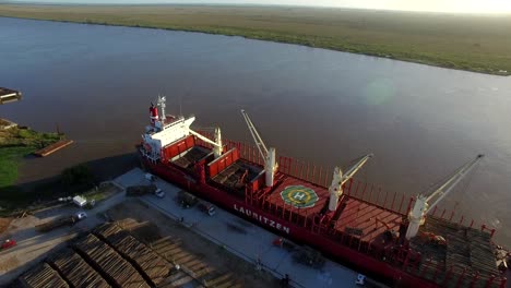Loading-Of-Huge-Bulker-Vessel-In-The-Port-Of-Buenos-Aires-In-Argentina--Aerial-shot