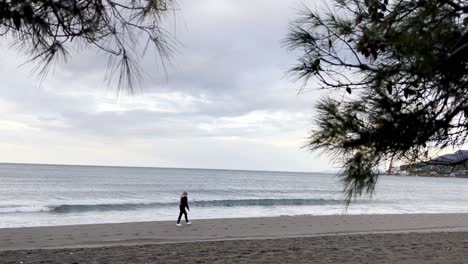 Woman-walks-on-beach-down-albanian-coastline-of-adriatic-sea