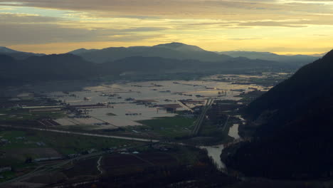 Aerial-View-Landscape-of-Flooded-Valley-with-Sunset-Sky-in-West-Canada