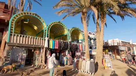 Panning-shot-Egyptian-bazaar-on-crowded-street,-touristic-location