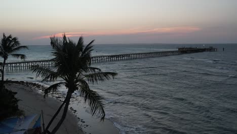 Drone-footage-of-coconut-tree-in-silhouette-with-beautiful-sunset-and-bridge,-sun-behind,-calm-waves