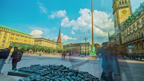 Hyperlapse-shot-of-beautiful-market-square-and-city-hall-of-Hamburg-with-many-pedestrian-and-tourists-during-summer-day
