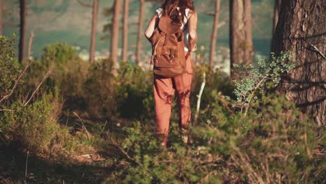 Brunette-woman-walking-and-hiking-on-the-woods-with-a-backpack-during-a-sunny-day-in-the-middle-of-the-nature