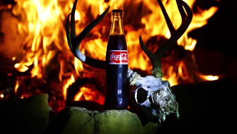 This-is-a-static-video-of-a-Coca-Cola-bottle-in-front-of-a-fire-and-deer-skull