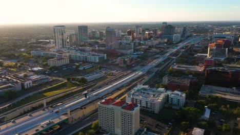 4K-Aerial-parallax-video-clip-of-Interstate-4-running-through-downtown-Orlando,-Florida