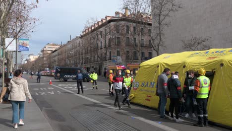 Police-and-medical-emergency-units-and-teams-conduct-an-evacuation-exercise-drill-in-Madrid,-Spain