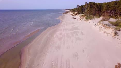Aerial-view-of-Baltic-sea-coast-on-a-sunny-day,-steep-seashore-dunes-damaged-by-waves,-broken-pine-trees,-coastal-erosion,-climate-changes,-wide-angle-revealing-drone-shot-moving-forward,-tilt-up
