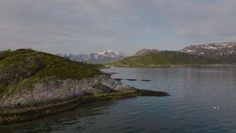 Wunderschöne-Norwegische-Landschaft,-Möwen-Fliegen-über-Inselchen