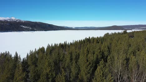 Flying-over-green-spruce-forest-looking-towards-ice-covered-Tunhovdfjorden-in-Nore-and-Uvdal-Norway---Beautiful-winter-aerial-showing-water-magazine-for-Statkraft-Nore-powerplant-in-Rodberg
