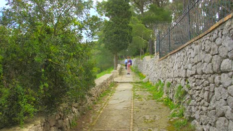 Looking-up-typical-narrow-street-and-alley-while-hiking-up-with-European-style-architecture-in-Capri,-Italy