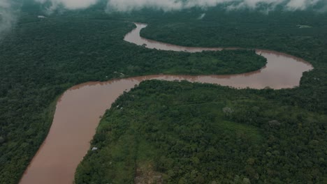 Aerial-tilt-up-shot-showing-tranquil-brown-colored-Amazon-River-floating-between-jungle-of-South-America---Overcast-sky-in-wilderness
