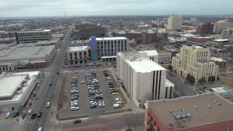 Amarillo,-Texas-USA,-Establishing-Drone-Shot,-Downtown-Buildings-and-Streets-on-Cloudy-Day