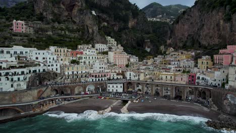 Amalfi-Coast-in-Italy,-Luxury-Travel-Destination,-Aerial-View,-Mountain-City