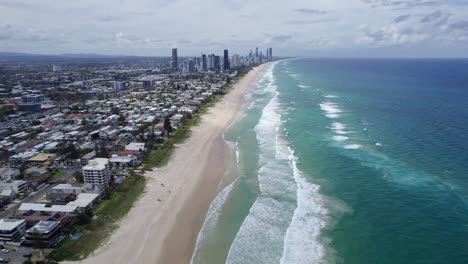 Beaches-Of-Gold-Coast-And-Surfers-Paradise-With-Iconic-Beachfront-Skyline,-Popular-Holiday-Destination-In-Queensland,-Australia