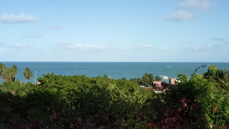 Penha-beach-overlook-on-a-tripod-with-exotic-foliage-blowing-in-the-wind-and-the-tropical-blue-coast-of-Joao-Pessoa-in-Paraiba,-Brazil-in-the-background-on-a-warm-sunny-summer-day