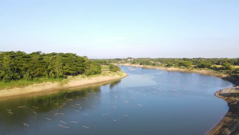 Aerial-shot-of-stake-fishing-net-sticks-in-fresh-water-of-Surma-river,-Bangladesh