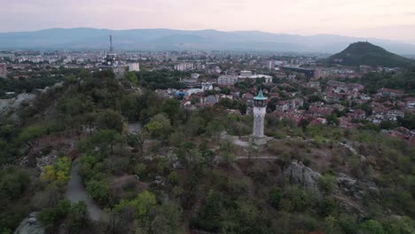 Aerial-view-of-Plovdiv-old-town-at-sunset