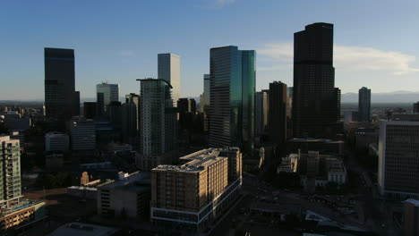 Panning-drone-shot-of-ultamodern-skyline-of-Denver-while-sunlight-is-disappearing