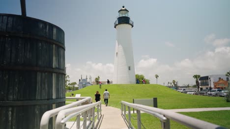 Tourists-walk-around-Port-Isabel-Lighthouse-on-sunny-summer-day