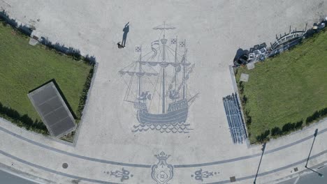 aerial-closeup-top-down-view-of-Azulejos-depicting-a-portuguese-caravel-ship-over-floor