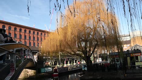 Aufnahme-Von-Bildern-Beim-Überqueren-Der-Eisernen-Fußgängerbrücke-über-Den-Regents-Canal,-Vereinigtes-Königreich