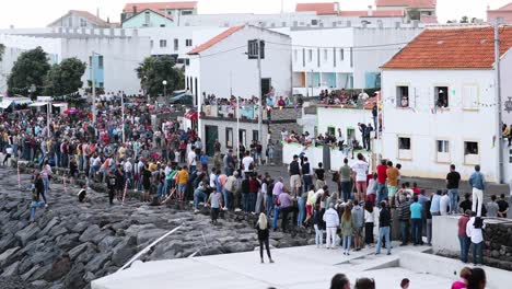 Audience-Crowd-Along-The-Street-During-Bullfighting-Event-In-A-Village-In-Azores,-Portugal