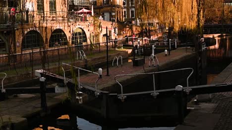 View-down-towards-the-Hampstead-Road-Locks-from-the-Camden-Lock-Market,-London,-United-Kingdom