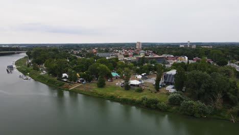 Site-of-SZIN-Festival,-Szeged,-Hungary-on-bank-of-Tisza-River