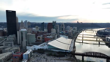 Aerial-orbiting-shot-of-David-Lawrence-Convention-Center-and-UPMC-on-Pittsburgh-skyline