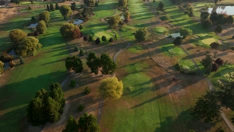 Top-down-view-of-a-golf-course-in-the-early-morning-light-with-patches-of-dead-grass-from-the-summer-heat