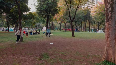 Happy-Chinese-teenagers-play-frisbee-in-urban-downtown-park-on-weekend-afternoon