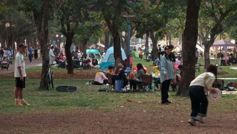 Adolescentes-Chinos-Felices-Juegan-Al-Frisbee-En-El-Parque-Urbano-Del-Centro-El-Fin-De-Semana-Por-La-Tarde