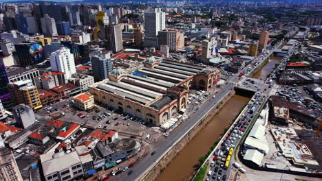 Drohnenaufnahme-Umkreist-Den-Städtischen-Markt-Von-Sao-Paulo,-Im-Sonnigen-Brasilien,-Südamerika