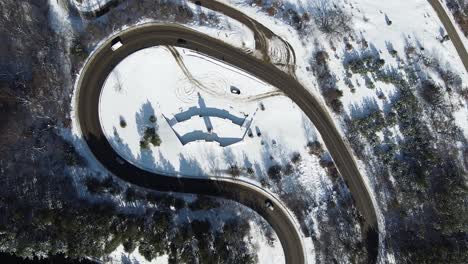 Top-down-aerial-view-of-the-"Vasil-Levski"-memorial-near-Bunovo,-Bulgaria